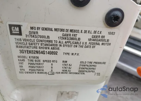 2004 Cadillac Escalade Ext Standard z USA, uszkodzony, nr VIN 3GYEK62N64G149892